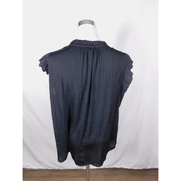 Current Air Blouse Womens XL Black Ruffle Flutter Sleeve Tie Neck Satin Pleated - Picture 6 of 12